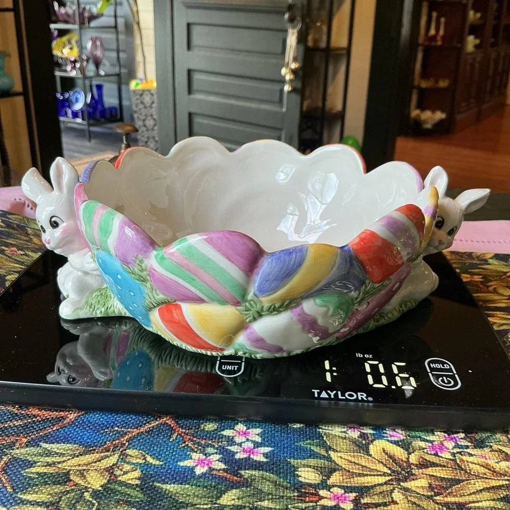 Vintage Fitz And Floyd Gathering‎ Eggs Easter Candy Bowl 2 Bunny Rabbits
